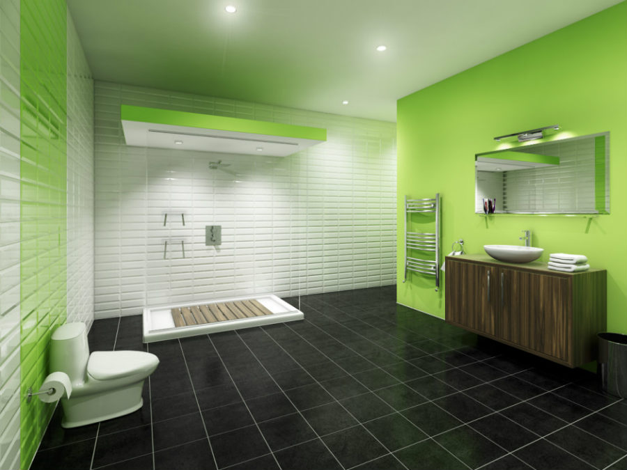 charming green and white bathroom wall color schemes combined with black tiles flooring and toilet plus shower stall as well as beautiful white ceramic