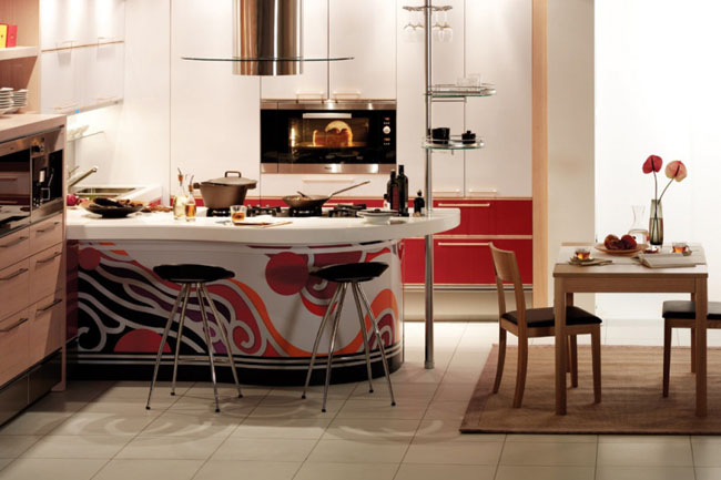 kitchen interior decorating with colorful red, white and black for kitchen 